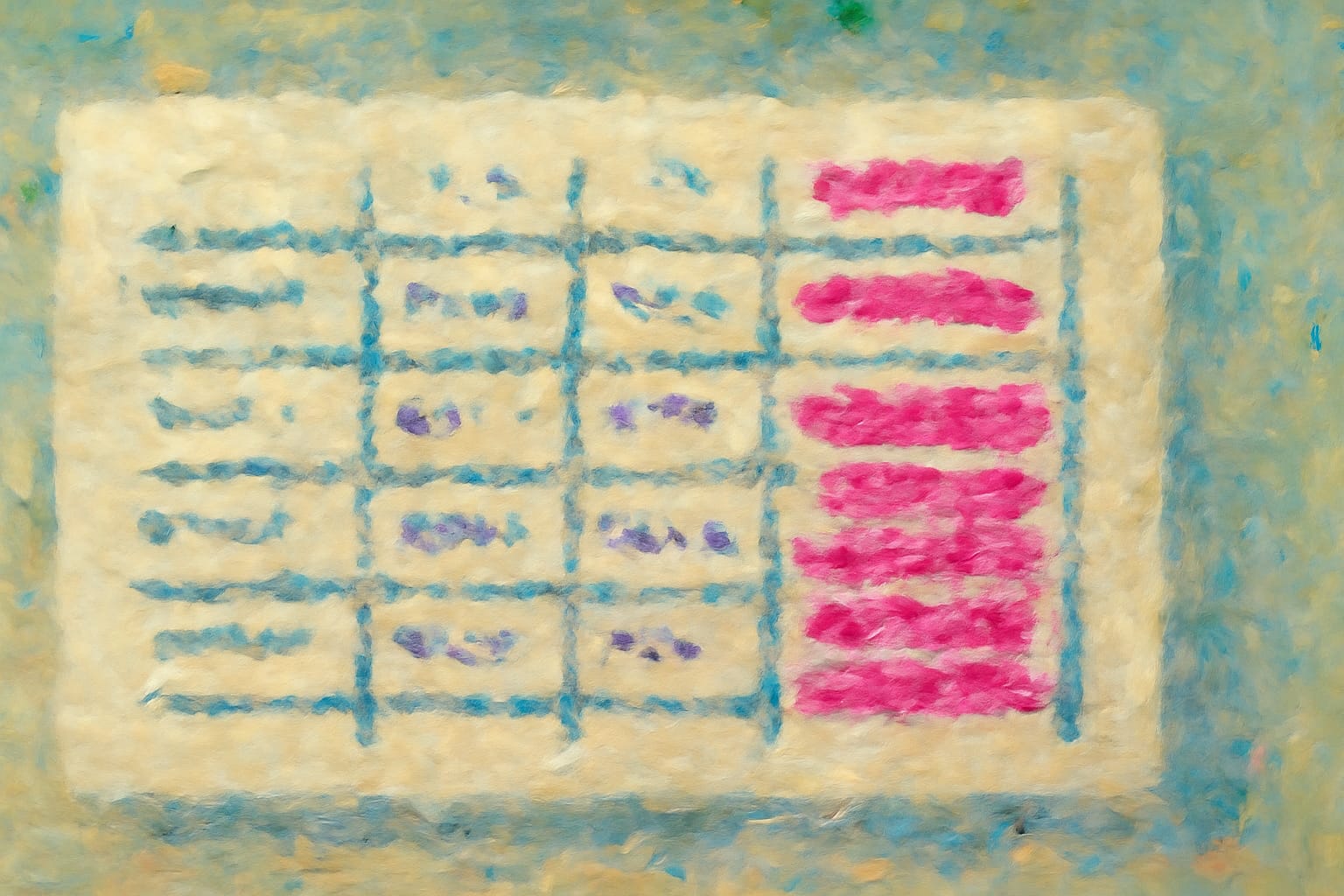 Editorial illustration in impressionist-brush style depicting an impressionist FHIR latency budget grid with hot-pink p99 brushstrokes and violet cache dabs