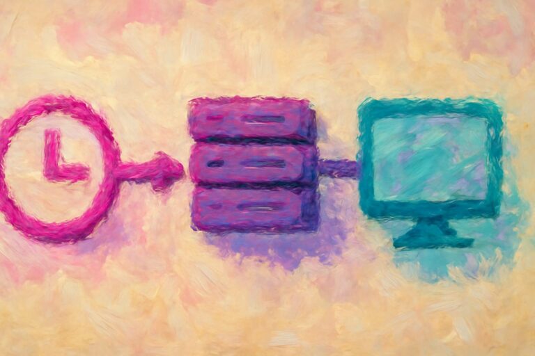Editorial illustration in impressionist-brush style depicting an impressionist timeline of clinician-perceived latency from click through server work to a usable screen