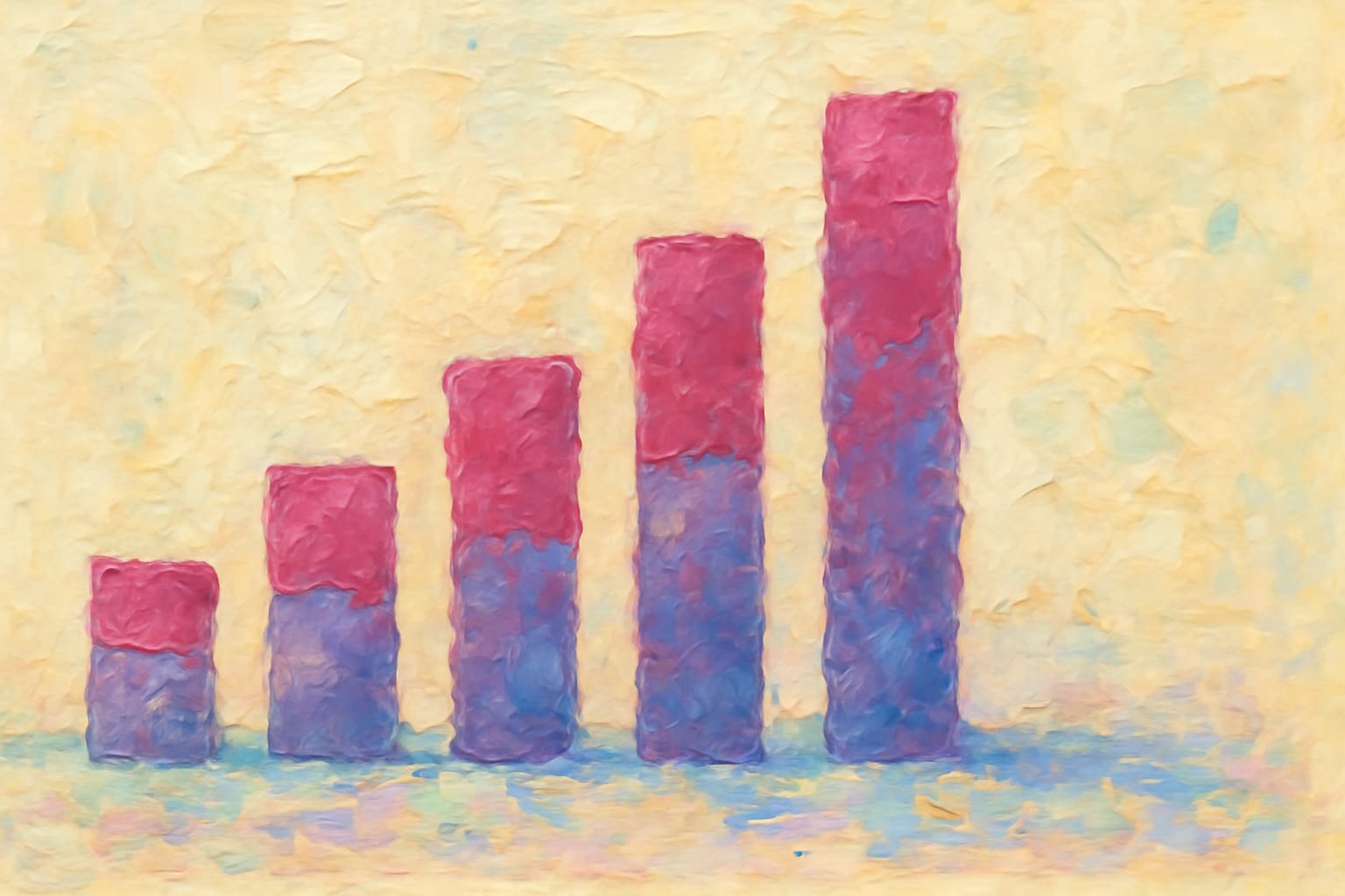 Editorial illustration in impressionist-brush style depicting an impressionist chart of p50 versus p99 columns with pink brushwork on the tall p99 caps