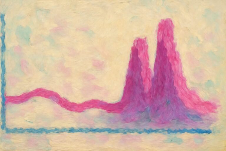 Editorial illustration in impressionist-brush style depicting an impressionist cache-cliff chart with pink wave dips during warm TTL and pink spikes at cache expiry